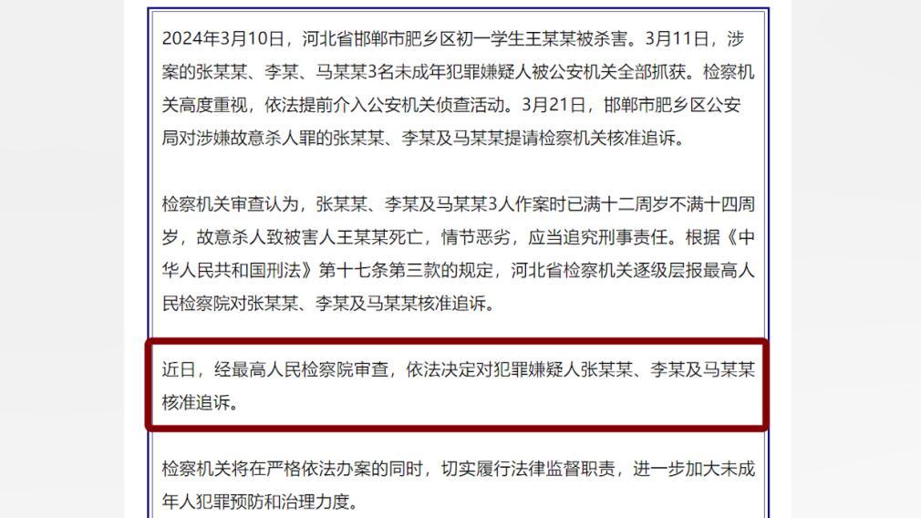 邯郸3名未成年嫌犯被追诉刑责，法学教授：对形成司法解释有重要参考价值