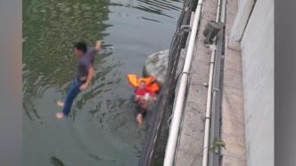 女子落水，三名男子接連從橋上跳下施救