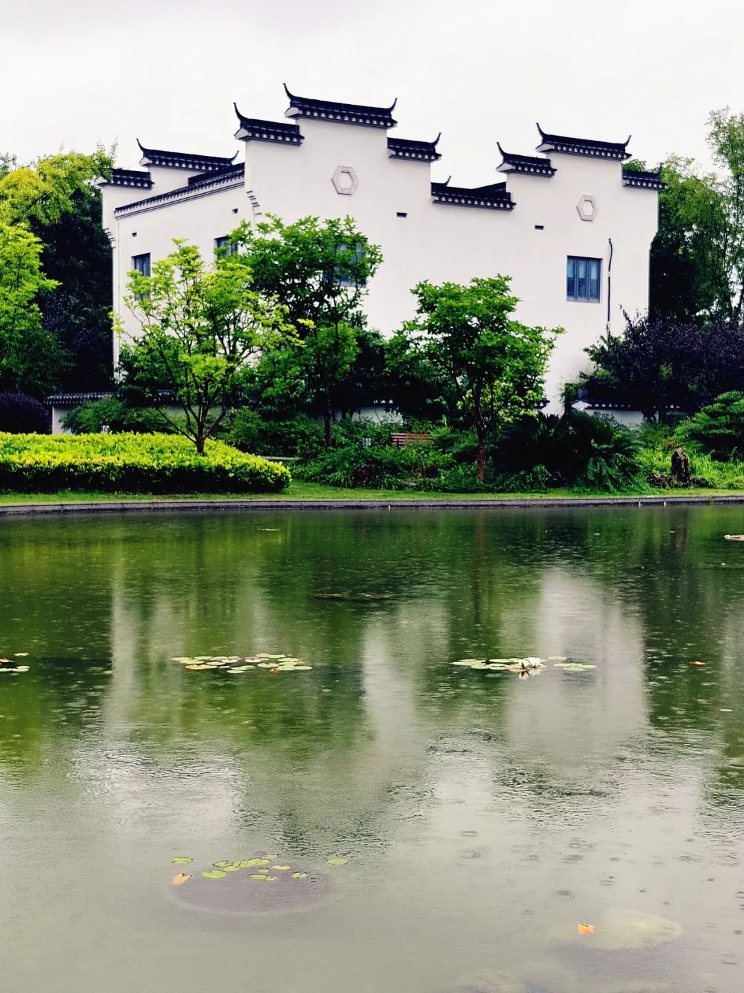 梅雨时节的中新泾公园:徽州风貌仿似水墨画,在雨中展开