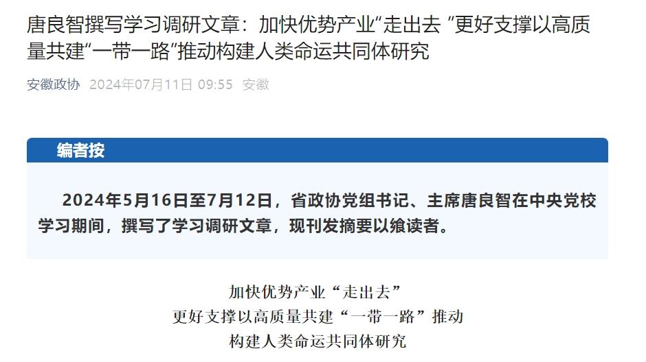 安徽省政協主席唐良智撰寫學習調研文章,探討如何加快優勢產業“走出去”