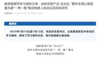 安徽省政协主席唐良智撰写学习调研文章，探讨如何加快优势产业“走出去”