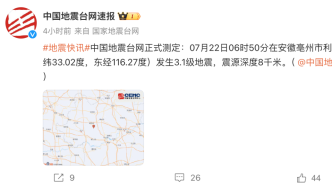 安徽亳州利辛县发生3.1级地震，震源深度8千米