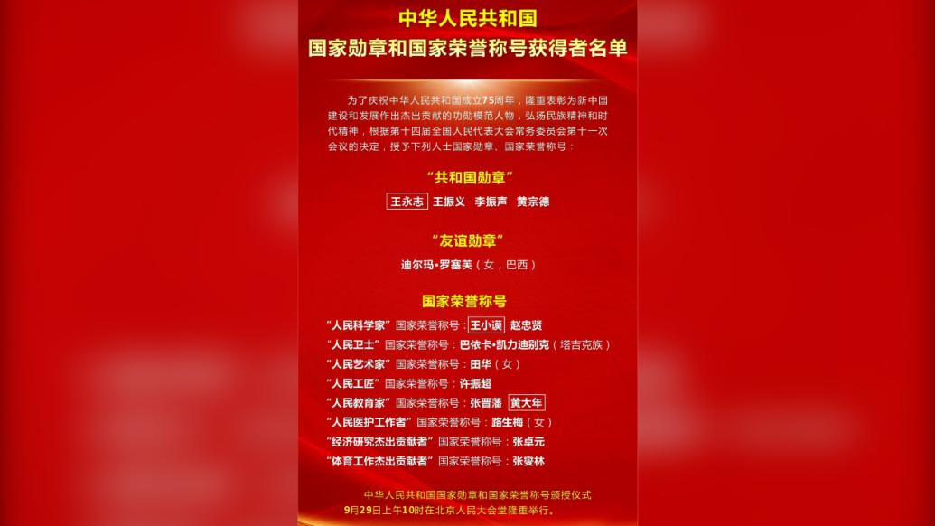 致敬！國家勛章和國家榮譽稱號獲得者名單