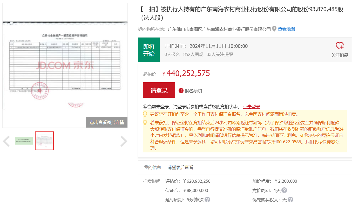 南海农商行第二大股东所持9387万股股份将被拍卖，起拍价约4.4亿元