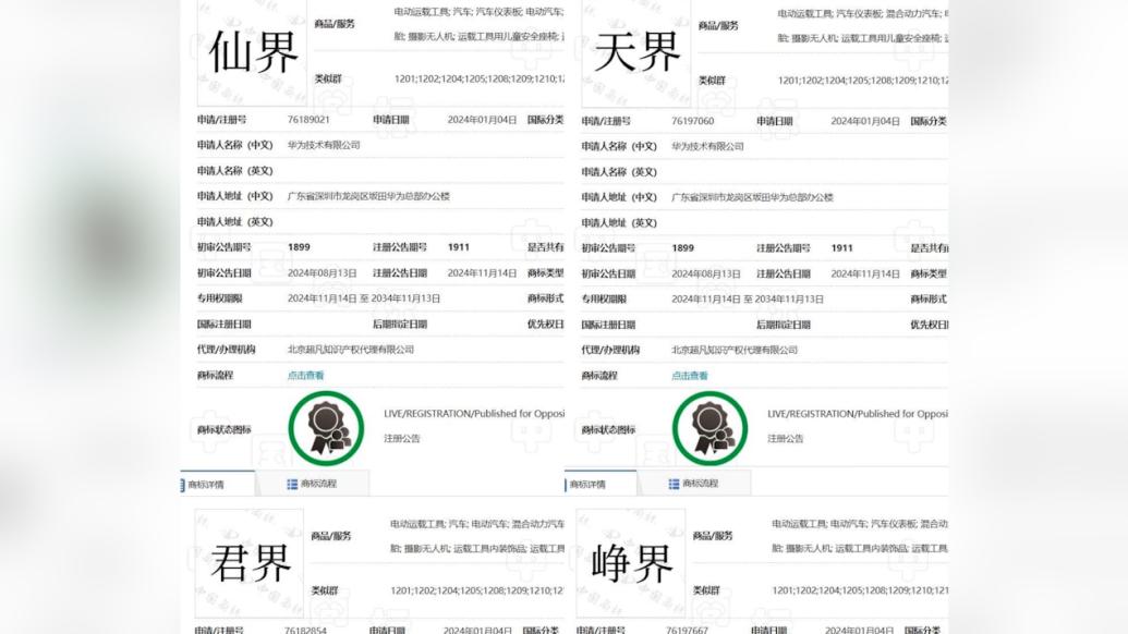 华为成功注册“仙界”“天界”等商标，商品范围多与电动汽车相关