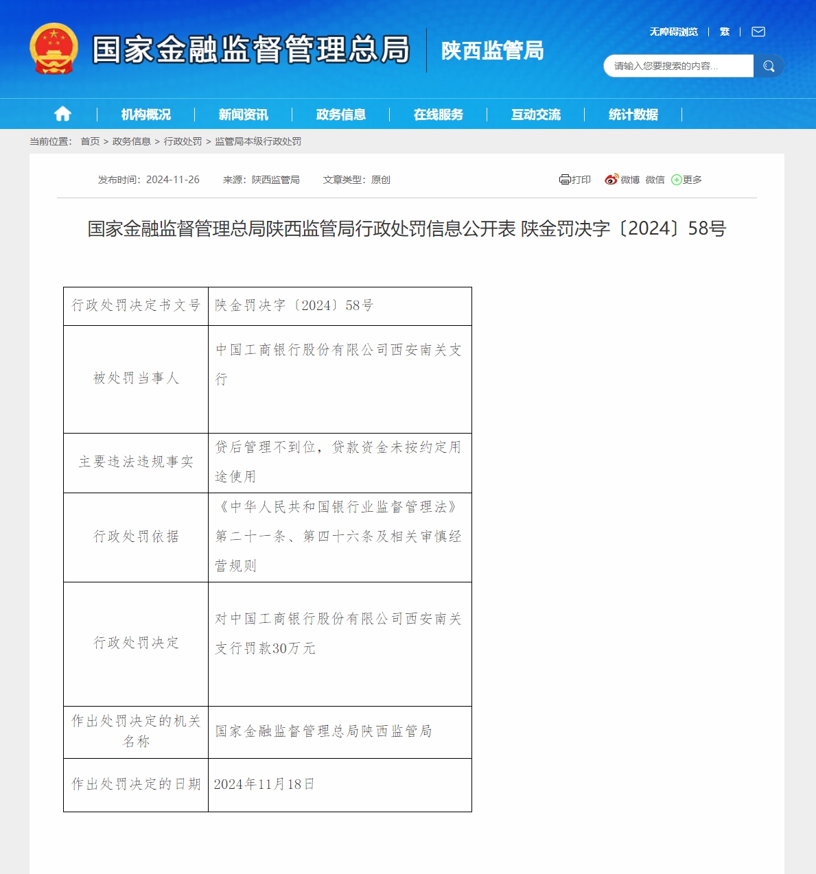 工商银行西安南关支行被罚30万，贷款资金未按约定用途使用