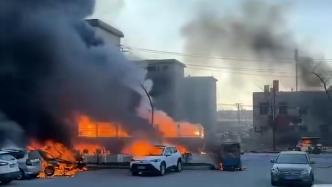 遼寧營口一車輛起火波及多車，當地市縣兩級應急部門正處置