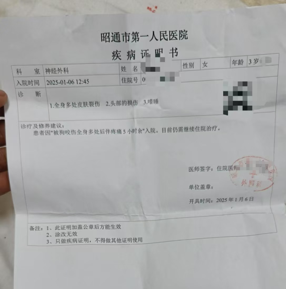 昭通一女童遭狗撕咬昏迷送ICU抢救，已筹款30万，父亲发声