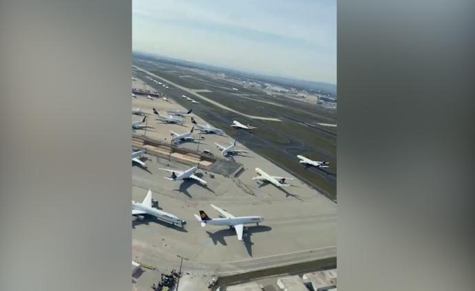 網(wǎng)友航拍法蘭克福機場,漢莎客機遍地停