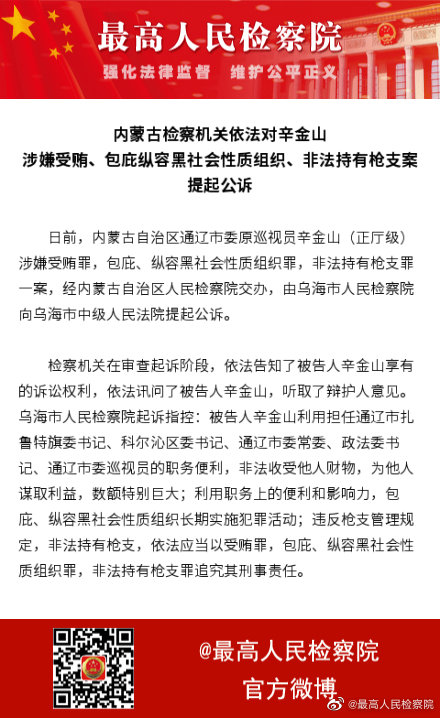 内蒙古通辽市委原常委辛金山涉嫌非法持枪等三项罪被提起公诉