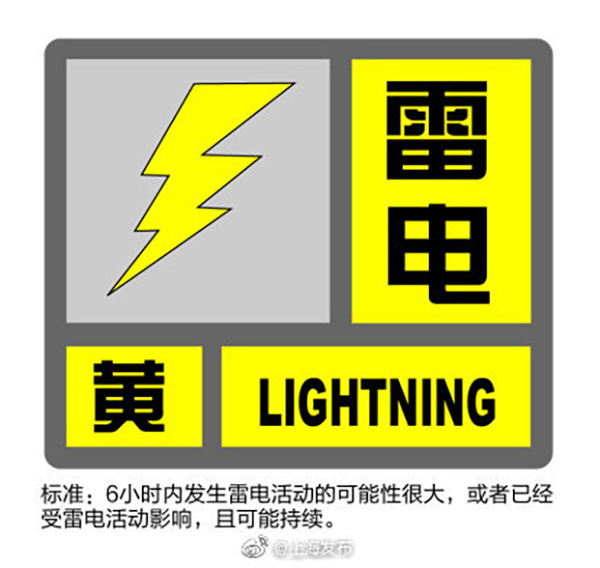 上海发布雷电黄色预警 预计6小时内将有雷电活动