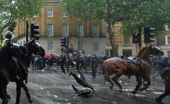 马跑了！伦敦骑警撞杆摔地，坐骑狂奔冲撞示威者