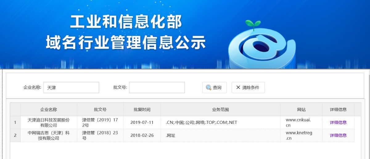 There is no Tianjin domain Sheng company in the list of domain name registration service organizations