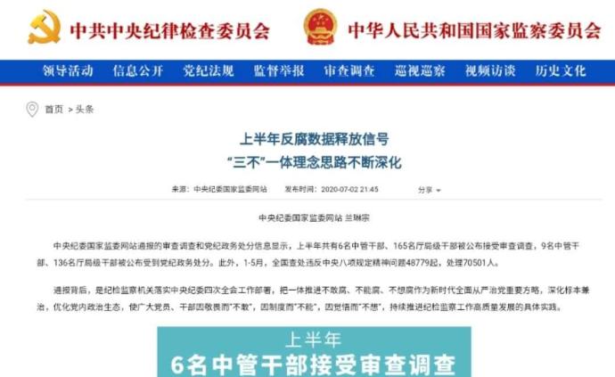 中纪委：上半年171名厅局级及以上干部被查