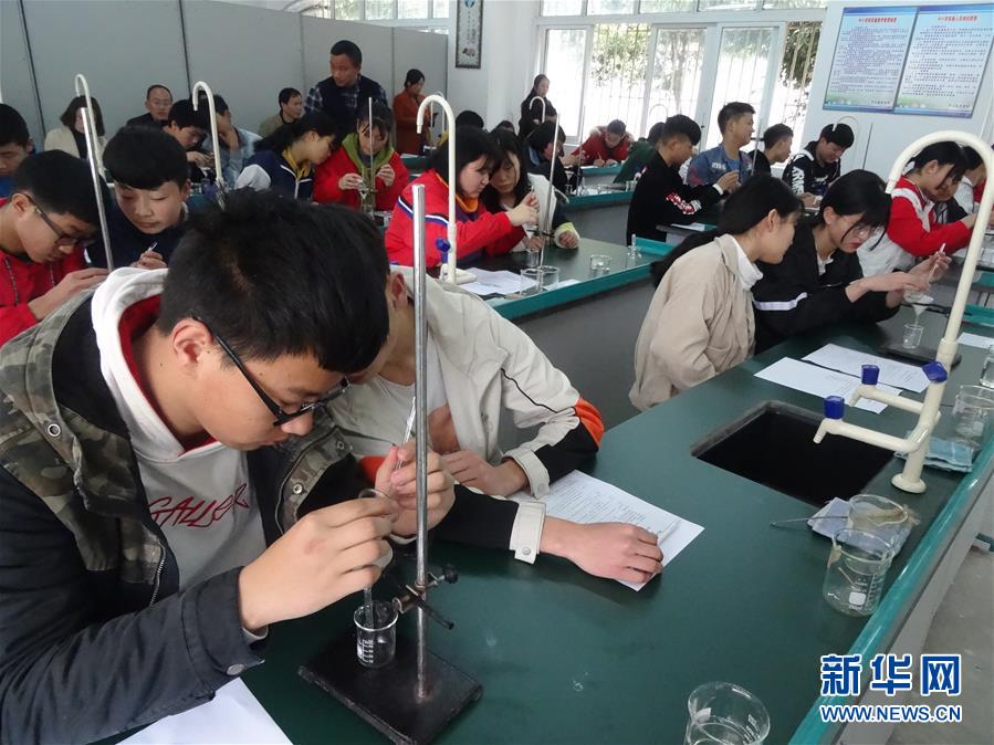 在四川省雅安市芦山县龙门乡隆兴中心校，学生在做实验（2019年4月30日摄）。 新华社发（王智强 摄）