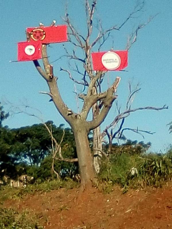 德班的棚户区居民将南非Abahlali baseMjondolo运动与巴西的无地工人运动(Movimento dos Trabalhadores Sem Terra) 旗帜一起悬挂在他们的棚户区中。