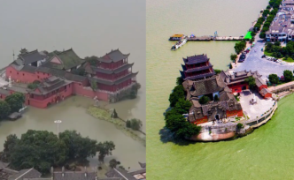 安徽巢湖中庙寺被淹，俯瞰如“湖中船”