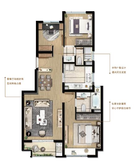 建面约91㎡ 3房2厅2卫户型