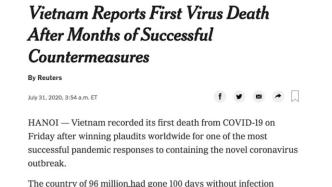 越南报告境内首例新冠死亡病例，系70岁男性