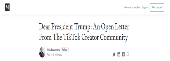 联名信截图:致亲爱的特朗普总统,来自TikTok创作者社区的一封公开信