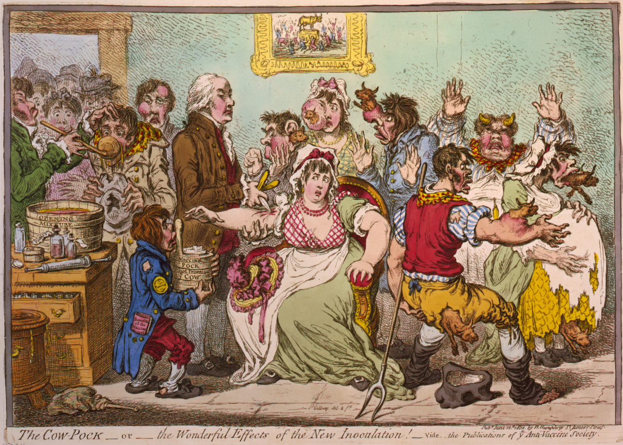 《牛痘疤算什么? 来试试接种新疫苗的神奇效果！》英国漫画家詹姆斯·吉尔雷绘于1802年。图片来源：wikipedia