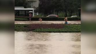 成都暴雨后内涝，有市民在马路积水中游泳