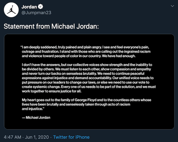 乔丹在社交媒体上发表声明，抗议警察暴力执法。