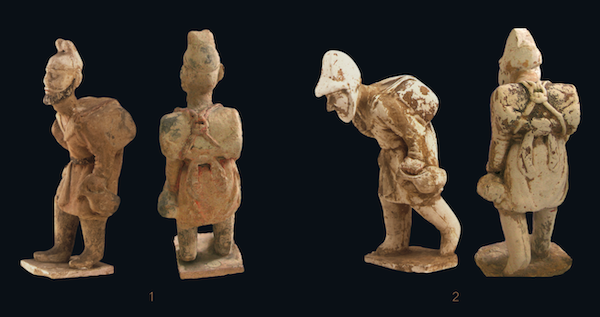 左：胡商俑，大英博物馆藏 右：胡俑身后背囊打结图