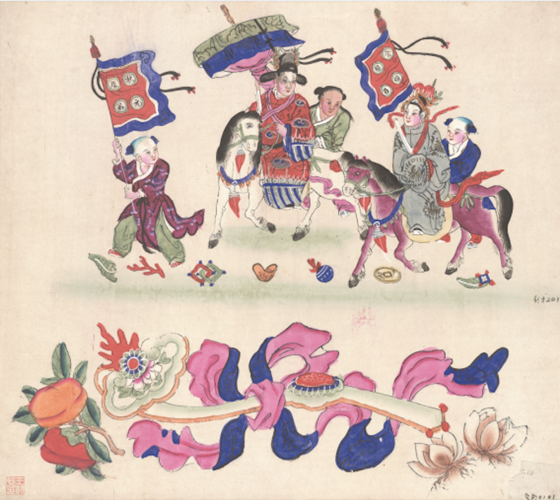 《状元及第 金榜题名》清代版，版线手绘，杨柳青，纵60厘米，横68厘米