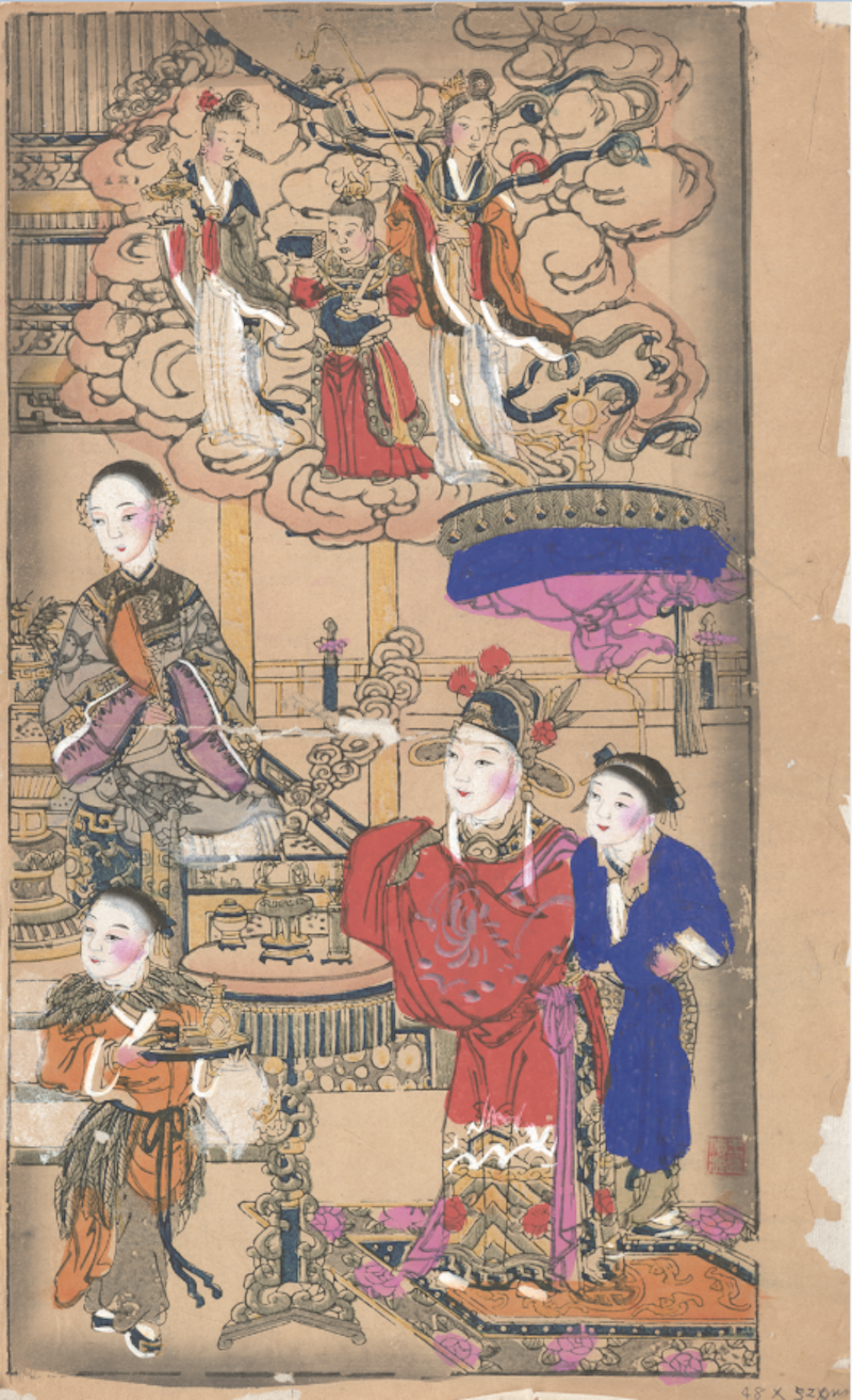 《喜拜华堂》清代版，套印手绘，杨柳青，纵47厘米，横26厘米