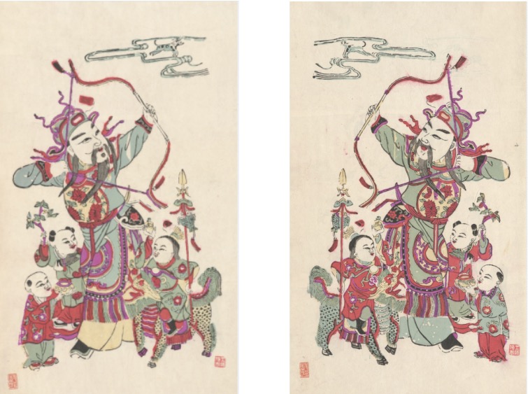 《张仙射天狗》（对），桃花坞 清代版，套印年代：五十年代 纵54厘米，横31厘米
