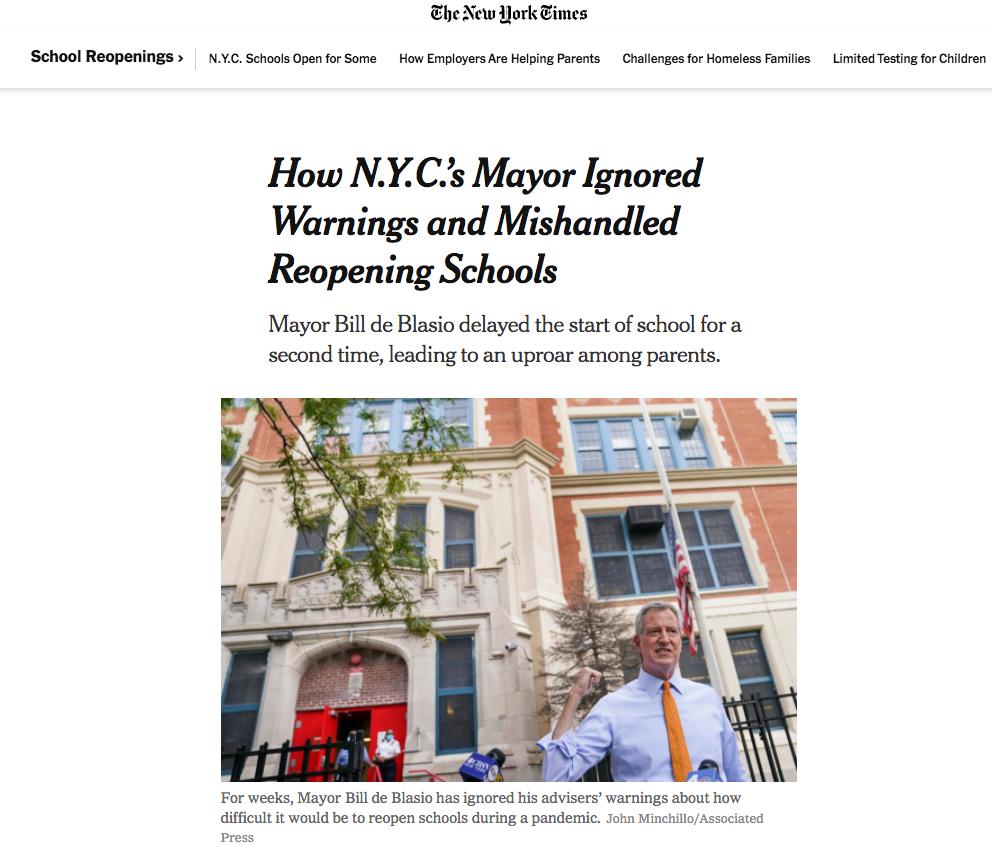 据《纽约时报》报道，市长德布拉西奥无视警告，强行重启校园。