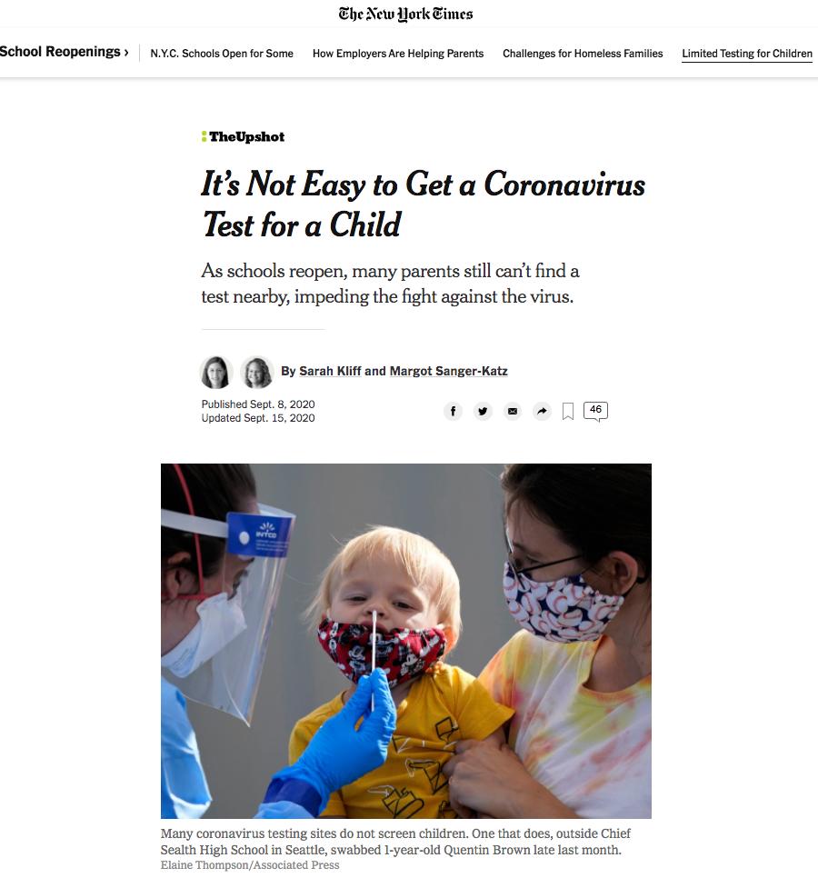 《纽约时报》称，未成年人很难获得新冠病毒检测。