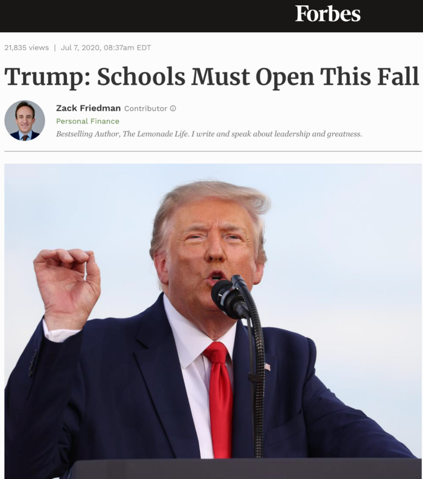 据《福布斯》（Forbes）报道，特朗普要求今年秋季必须重启校园。