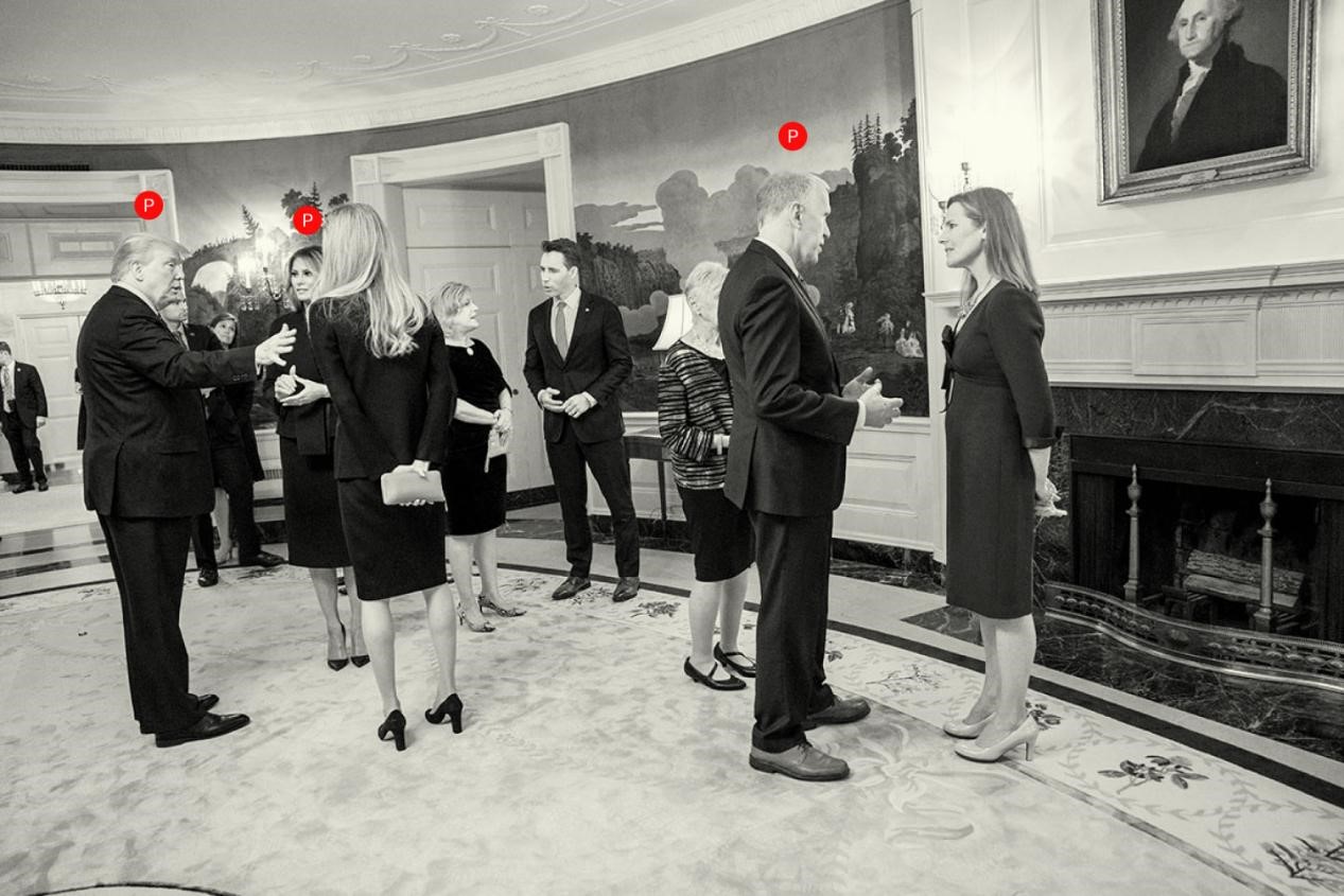 9月26日，白宫多人在室内交谈，没有戴口罩，也没有保持安全社交距离。图中被标记者皆已确诊新冠肺炎。（图片来源：《纽约时报》）