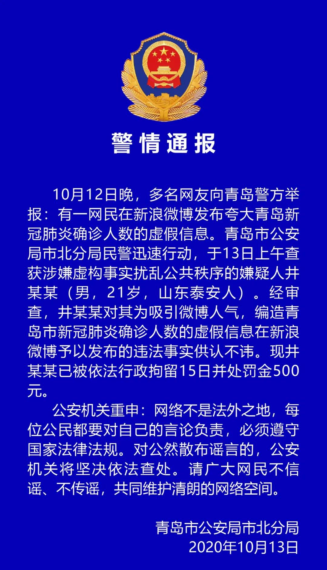 青岛警方通报：一网民编造夸大青岛新冠确诊数，被行拘15日