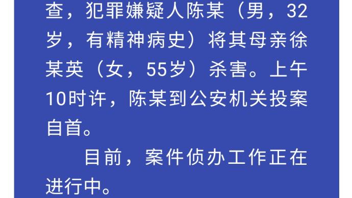 男子家中杀害母亲后投案自首，警方：嫌疑人有精神病史