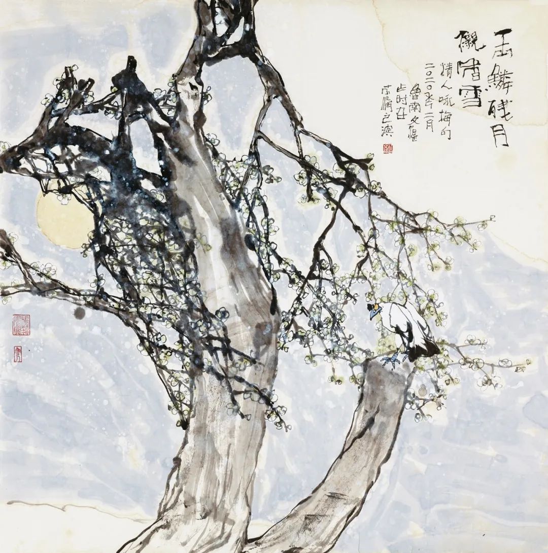 江文湛《玉鳞残月观香雪》?124cm×124cm<BR/></p>?