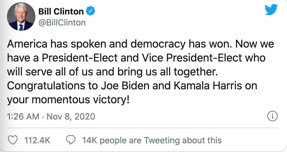 克林顿发表推文祝贺拜登和哈里斯胜选