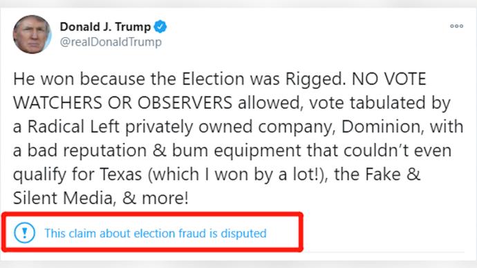 美媒：特朗普發文“選舉被操縱”，卻首次稱拜登“大選獲勝”
