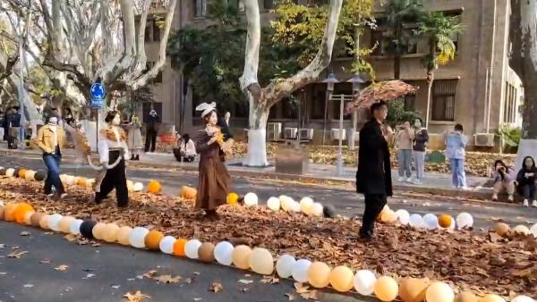 东南大学学生举办落叶主题走秀:秋天是梧桐大道最美的时候